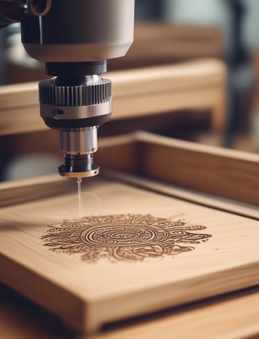 Artisan carefully engraving a wooden panel with a laser machine