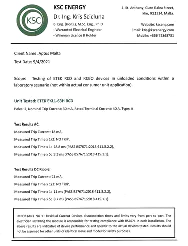 KSC engineer testing of ETEK RCBOs