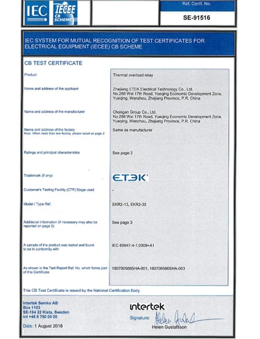 Intertek certificate for ETEK RCBO