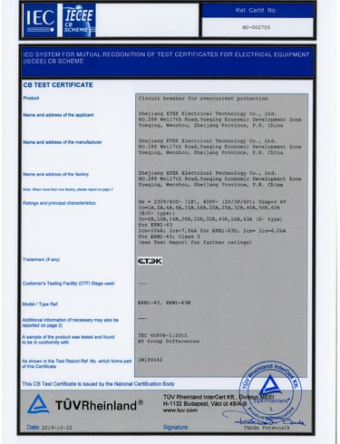 TUV certificate ETEK MCBs