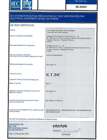 Intertek Certificate for ETEK device