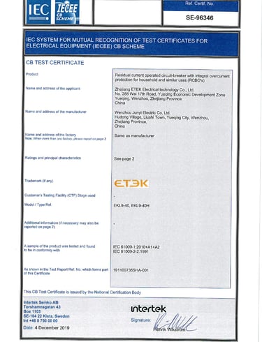 Intertek certificate for ETEK device