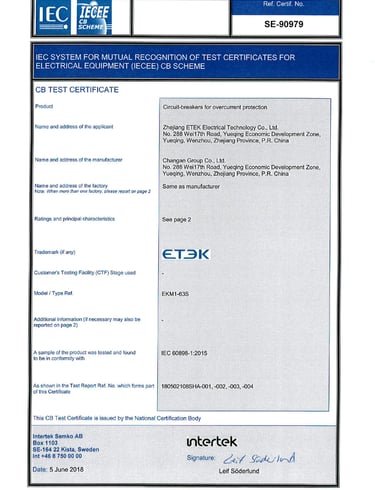 Intertek certificate for ETEK Main Switch