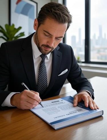 a man in a suit and tie is writing a document