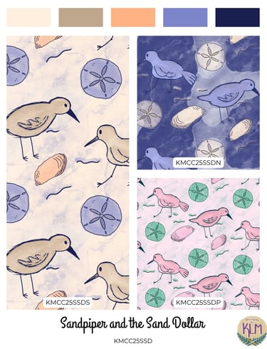a collection of birds and shells in various colors of blue, pink, and orange
