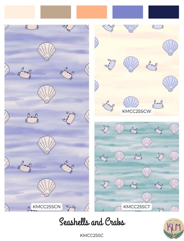 a collection of crabs and seashells in a nautical color palette