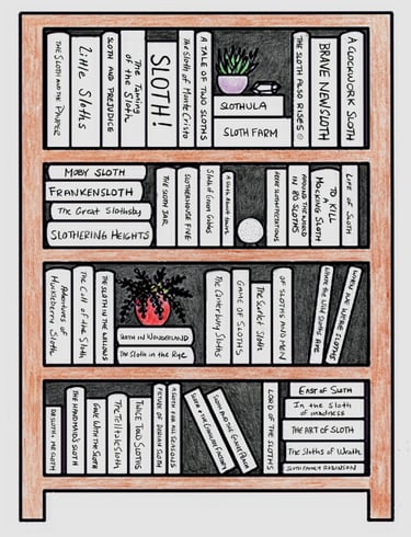 Bookcase featuring sloth-themed classic books