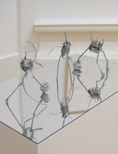 Remi Jablecki, Potato Rebels, aluminium, 2024, Group of Potato looking sculptures in aluminium.
