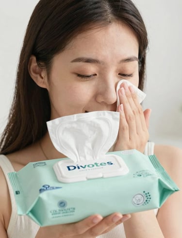 Stacked packages of soft, clean tissues and wipes on a wooden table.