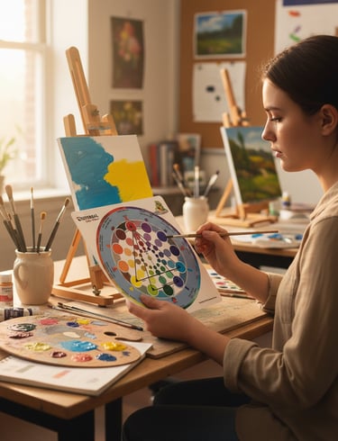 A young female artist uses a color wheel chart to select oil paint colors for her canvas painting in a sunlit art studio.
