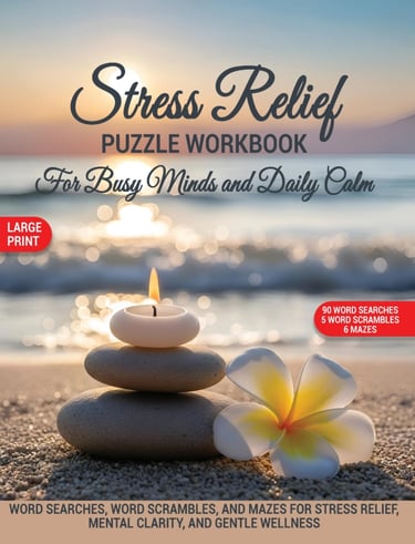 Stress Relief Puzzle Workbook cover with candle, stacked stones, and plumeria flower on the beach.