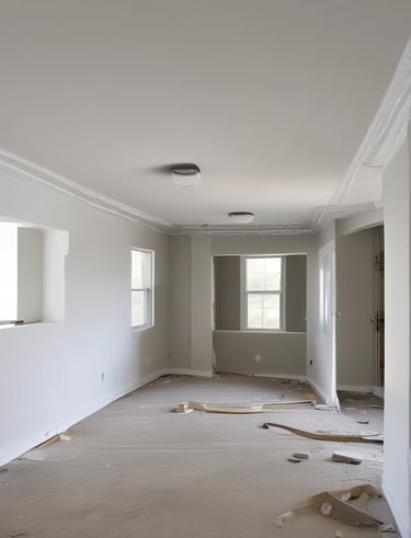 A construction site with an archway framed in DensGlass sheathing panels. There is a large plywood board partially covering the entrance. Construction materials, including a metal container and drywall, are scattered around.