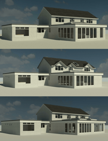 Multiple 3D digital design options converting a bungalow into a 2 story property with rear extension