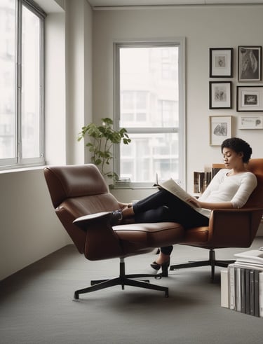 A happy guest enjoying a stylish, locally inspired rental living room.