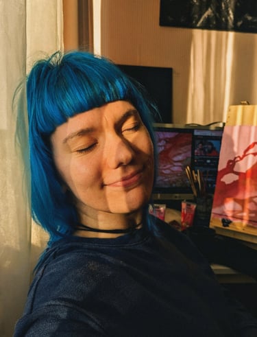 a woman with blue hair