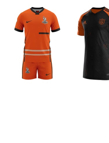 a group of soccer players wearing orange and black uniforms