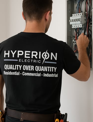 Electrician with the back of his work shirt showing the logo and a breaker panel in front of him