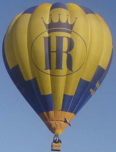 montgolfière F-GROY en vol en gros plan, logo association Montgolfières du Roy