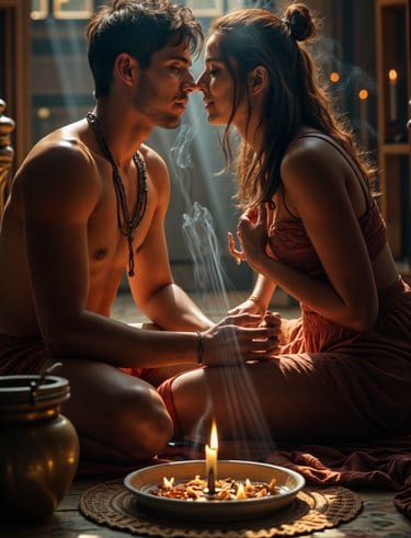 tantric couple sitting looking at each other