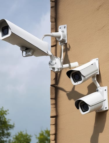 Technician installing CCTV cameras at a corporate office building.