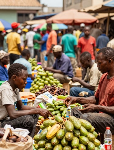balck people; Market scene bustling with activity, showcasing local produce in Kinshasa.