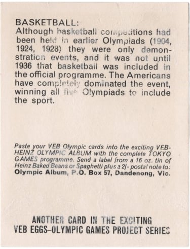 1964 Heinz Veb Eggs Olympic Games No 17 Basketball Card from Australia (back)
