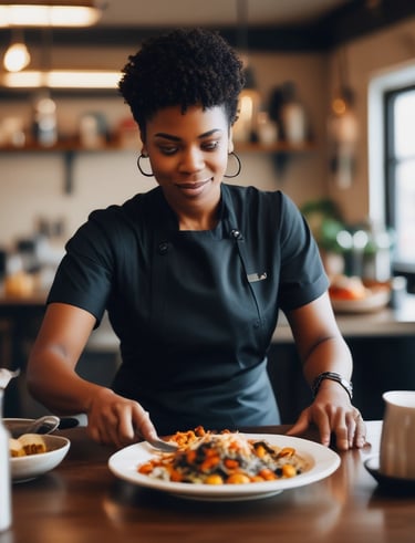 Kiya smiling in the kitchen, preparing a fresh soul food meal.