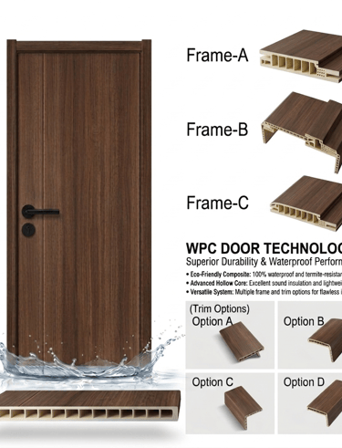 Waterproof WPC door with multiple frame and trim options.