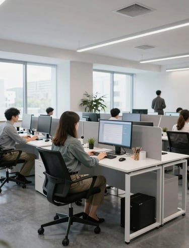 Customer service representatives using AI tools in a vibrant call center environment.