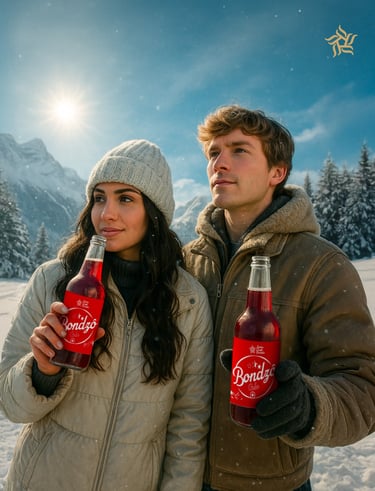 Ein Mann und eine Frau stehen im Schnee mit einer Flasche Bondzo Cola.