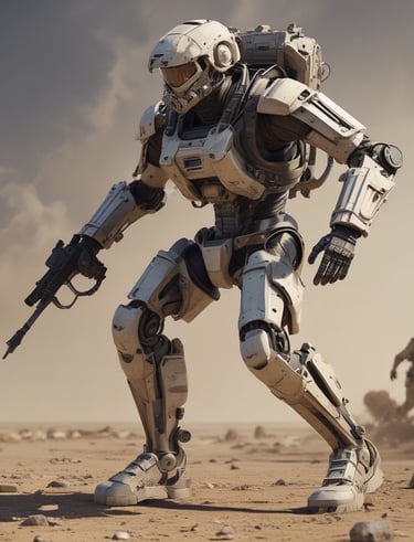 Abstract 3D layered robotic elements floating with slow, deliberate motion over a muted tactical-toned backdrop.