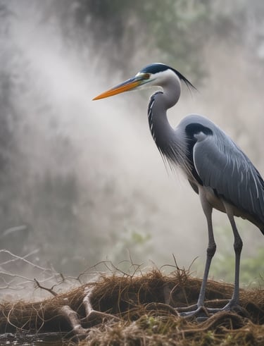 A heron flying away from a pond protected by the pond guard system.