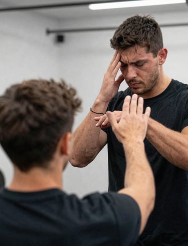 Peaceful breathing exercise outdoors with soft morning light.