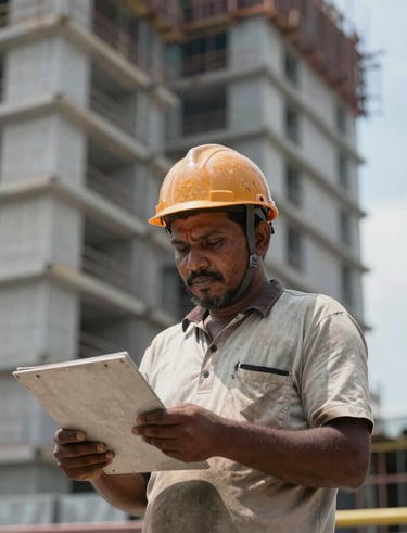 Construction workers wearing helmets and safety gear discussing plans on site.