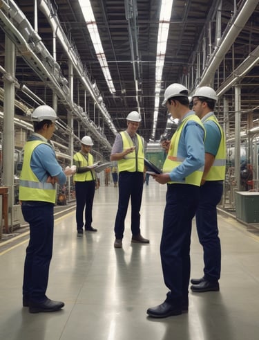 Water treatment facility with professional engineers inspecting control instruments.
