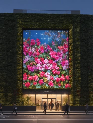 A nighttime cityscape illuminated by multiple LED billboards glowing brightly.