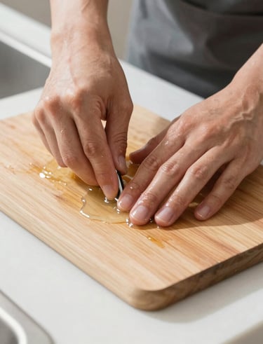 A charcuterie board stored upright on a kitchen shelf to prevent warping.