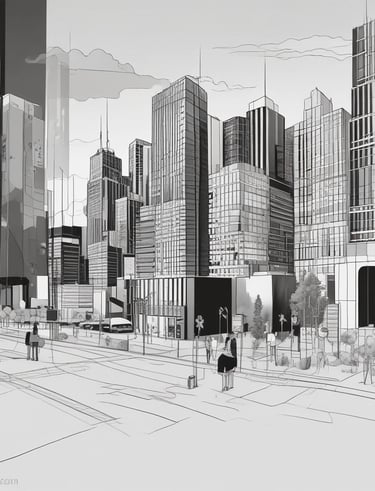 Abstract digital graphics in shades of gray and white symbolizing growth and strategy.