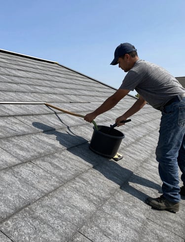 Emergency roofing team responding quickly to a storm-damaged roof at dusk.