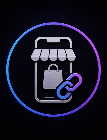 A 3D mobile shopping app icon with a link symbol representing e-commerce affiliate marketing.