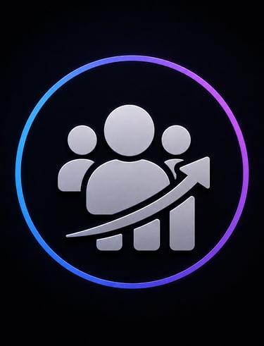 Silver business growth icon showing people and rising arrow in a blue and purple neon circle.