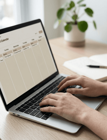 Close-up of hands typing on a laptop with a notebook, showing a simple and organized content workflo