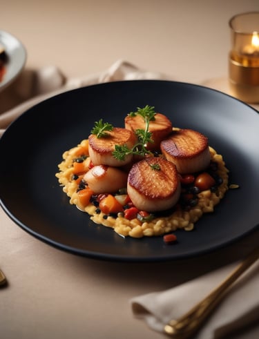 Close-up of a beautifully plated gourmet dish highlighting textures and colors.
