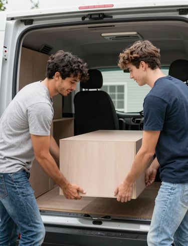 Professional movers carefully handling furniture during a smooth house move in a bright Zurich apartment.