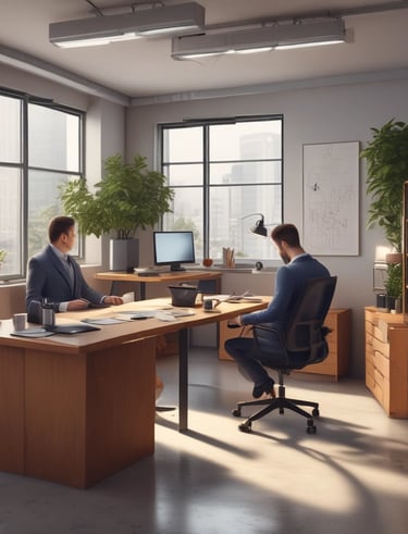 A sleek, minimalist office space with black, white, grey, and sage green tones reflecting the brand’s style.