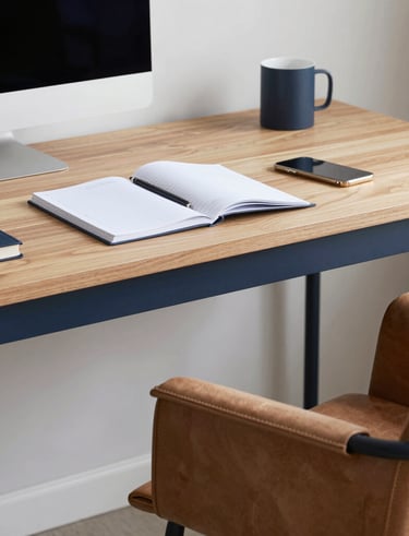Clean, modern workspace with subtle navy accents and strategic planning materials.