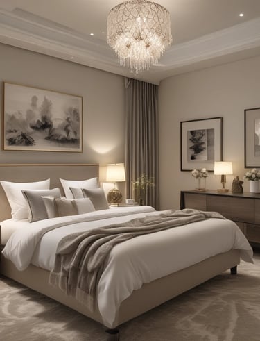 A serene bedroom with contemporary decor and soft natural light filtering through sheer curtains.