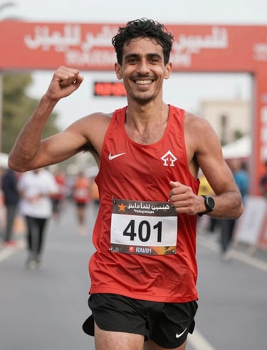 A smiling runner crossing the finish line with arms raised in victory during a local race.