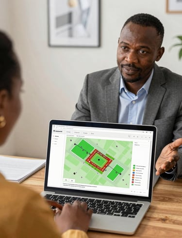 A consultant advising a client with charts and graphs displayed on a laptop screen.