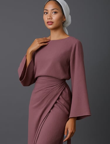 a woman in a pink dress with a white headband